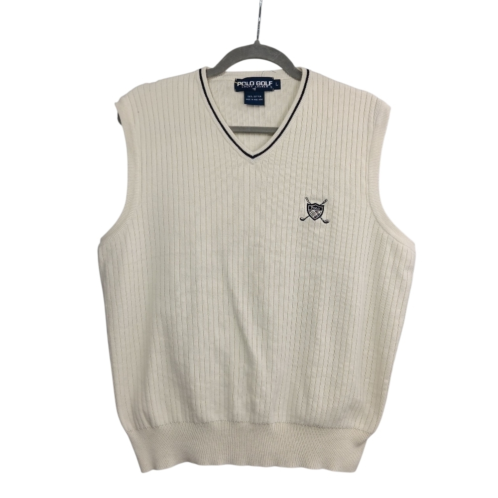 POLO GOLF RALPH LAUREN Men's Ribbed Knit Sweater Vest Large Cream Old Money